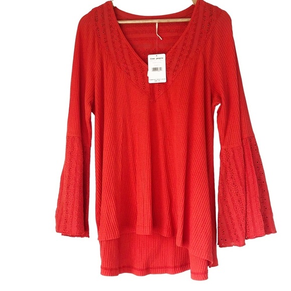 New Free People Crimson Red Ribbed Lace Bell Sleeve V Neck Top Shirt - Picture 11 of 16